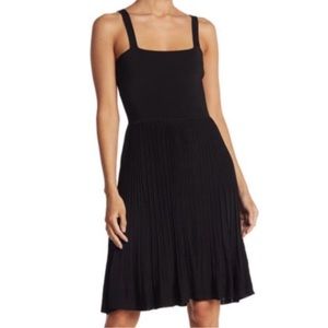 THEORY Sharp Pleat Texture Square Neck Skater Sleeveless Dress, Black, Medium